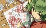  ascot bad_id bad_pixiv_id bow child_drawing crayon crumpled_paper drawing elona from_above green_eyes green_hair hair_bow harusame_(rueken) looking_at_viewer looking_back paper picture_(object) scribble short_hair smile solo twintails wax younger_sister_(elona) 
