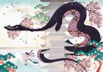  bad_id bad_pixiv_id beamed_eighth_notes bird bow braid dated dragon eastern_dragon flock flower hair_bow instrument japanese_clothes kimono music musical_note original pagoda playing_instrument quarter_note sakamoto_himemi signature solo swing tree twin_braids 
