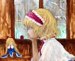  alice_margatroid apple blonde_hair blue_dress blue_eyes boots bottle bush capelet chin_rest closed_eyes doll dress ears eyelashes fence finale_inoue food forest fruit hairband highres indoors light_smile long_sleeves nature necktie oil_painting_(medium) profile ribbon shanghai_doll short_hair sitting smile snow solo touhou traditional_media window 