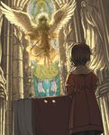  altar angel angel_wings bad_id bad_pixiv_id barefoot brown_hair candle candlelight candlestand character_request church closed_eyes dress dutch_angle elona floating from_behind green_hair halo harusame_(rueken) head_wings highlights indoors jure_of_healing long_hair multicolored_hair multiple_girls shaded_face short_hair staff stained_glass statue wavy_hair wax wings 