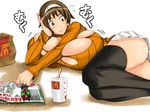  1girl ass ayase_fuuka blush breast_rest breasts brown_eyes brown_hair fast_food gigantic_breasts hairband kamen_rider kamen_rider_decade lying on_side skirt solo surprise torn_clothes 