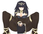  bangs black_hair black_legwear blunt_bangs bodysuit book breasts cape cleavage colorized covering covering_crotch fire_emblem fire_emblem:_kakusei large_breasts long_hair mato_spectoru naughty_face pauldrons purple_eyes solo spread_legs squatting tharja tiara two_side_up 