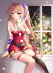  1girl ahoge arm_ribbon bell belt black_legwear blue_bow blue_eyes bow breasts brown_hair christmas christmas_tree cleavage closed_mouth dress fal_(girls_frontline) girls_frontline hair_bow hair_intakes highres jingle_bell large_breasts light_particles long_hair looking_at_viewer merry_christmas miniskirt pom_pom_(clothes) red_dress ribbon scarf side_ponytail signature single_thighhigh skirt smile solo striped striped_bow thighhighs white_scarf xes_(xes_5377) 