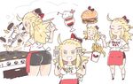  ahoge apron ass bike_shorts blonde_hair bravely_default:_flying_fairy bravely_default_(series) breasts cooking edea_lee employee_uniform fast_food_uniform food hamburger hat inkerton-kun long_hair medium_breasts solo spatula uniform waist_apron 