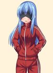  alternate_costume bad_id bad_pixiv_id blindfold blue_hair blush hands_in_pockets long_hair neri_sachiko ole_tower open_mouth solo spanner_(ole_tower) track_suit 
