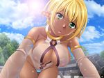  1girl ameria_(otome) bare_shoulders blonde_hair breasts chou_hitoumeguri cleavage cloud clouds dark_skin elbow_gloves game_cg gloves green_eyes hanging_breasts highres huge_breasts legs looking_at_viewer narutaki_shin open_mouth pointy_ears see-through short_hair sky solo staring sun sunlight thighs wet wet_clothes 