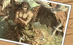  animal bad_id bad_pixiv_id bird blindfold brown_hair collarbone crossed_arms demon_wings dove elona from_above harusame_(rueken) long_hair male_focus muscle opatos_of_earth shirtless solo wings 