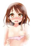  bad_id bad_pixiv_id blush bow bow_panties brown_eyes covering_nipples highres holding holding_panties karutamo looking_at_viewer nude open_mouth original panties pink_panties solo steam tears underwear upper_body wavy_mouth wet 