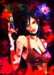  ada_wong bare_shoulders black_hair blood blood_splatter breasts choker cleavage dress green_eyes gun handgun head_tilt hirodi holding holding_gun holding_weapon light_smile lips medium_breasts multicolored multicolored_background pistol pov red_dress resident_evil resident_evil_4 short_hair sleeveless sleeveless_dress smile solo weapon 