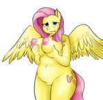  2015 anthro anthrofied big_breasts biting_lip breasts chubby colored cutie_mark equine female fluttershy_(mlp) friendship_is_magic glacierclear hair hand_on_breast lactating mammal milk my_little_pony navel nipples pegasus pink_hair plain_background pussy solo white_background wings 