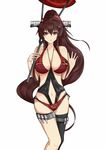  breasts brown_eyes brown_hair casual_one-piece_swimsuit highres kantai_collection kantai_collection_(anime) large_breasts long_hair one-piece_swimsuit ponytail red_moon_(8632110) red_umbrella solo swimsuit umbrella very_long_hair yamato_(kantai_collection) 