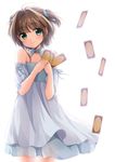  bare_shoulders blush brown_hair card cardcaptor_sakura clow_card detached_collar detached_sleeves dress green_eyes hair_ribbon holding holding_card kinomoto_sakura masuishi_kinoto ribbon ribbon-trimmed_sleeves ribbon_trim short_hair smile solo star two_side_up white_background 