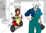  1girl ahoge braid dirty_face drawing_board garage glasses gloves goggles goggles_on_head green_eyes grin ground_vehicle hand_on_hip helmet hong_meiling long_hair looking_at_another moped morichika_rinnosuke motor_vehicle open_mouth overalls pants red_hair ribbon semi-rimless_eyewear short_hair sideways_glance sketch sleeves_rolled_up smile so-men standing sweatdrop tire toolbox touhou twin_braids under-rim_eyewear vest white_hair yellow_eyes 