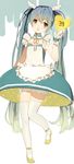  39 aqua_hair bloomers detached_collar dress frills gijxgij hatsune_miku highres long_hair maid open_mouth ribbon solo standing standing_on_one_leg thighhighs twintails underwear very_long_hair vocaloid white_legwear 