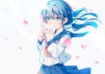  blue_eyes blue_hair blush character_request heart holding letter long_hair long_sleeves love_letter low_twintails original oshio_(dayo) petals pleated_skirt sailor_collar_lift school_uniform serafuku skirt solo twintails wind 