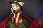  baram eyeball from_above green_eyes green_hair grey_background hat hat_ribbon heart heart_of_string highres holding komeiji_koishi long_sleeves looking_at_viewer looking_up open_mouth petals ribbon skirt smile solo third_eye touhou upper_body wide_sleeves 