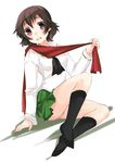  abenattou arm_support black_legwear blush brown_eyes brown_hair caesar_(girls_und_panzer) girls_und_panzer green_skirt holding looking_at_viewer miniskirt neckerchief no_shoes ooarai_school_uniform open_mouth panties pantyshot pantyshot_(sitting) pleated_skirt scarf school_uniform serafuku short_hair sitting skirt smile socks solo underwear untying white_background white_panties yokozuwari 