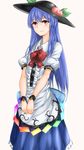  blue_hair bow chain chained commentary_request cuffs food fruit hat highres hinanawi_tenshi lock long_hair md5_mismatch momoiro_lettuce padlock peach puffy_short_sleeves puffy_sleeves red_eyes shackles shirt short_sleeves skirt solo touhou v_arms very_long_hair 