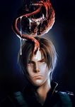  beard blue_background brain brown_eyes brown_hair drooling exposed_brain facial_hair fangs frown highres katou_teppei leon_s_kennedy licker_(resident_evil) lips long_tongue looking_up monster no_eyes realistic resident_evil resident_evil_6 saliva short_hair tongue tongue_out undead upper_body zombie 