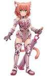  animal_ears armor bare_shoulders black_gloves cat_ears cat_tail covered_navel full_body gloves green_eyes hasu_(hk_works) original red_hair short_hair simple_background smile solo standing sword tail tower_of_infinity weapon white_background 