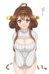  :d ahoge blush breasts brown_hair cleavage clothes_tug double_bun from_above hairband headgear highres kantai_collection kongou_(kantai_collection) kyounami large_breasts long_hair looking_at_viewer meme_attire naked_sweater open-chest_sweater open_mouth purple_eyes ribbed_sweater smile solo sweater sweater_tug translated white_background 