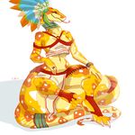  bracelet breasts claws eyes_closed feather female fivel forked_tongue headdress hindpaw jewelry navel paws plain_background reptile ring scalie sitting smile snake solo tongue tongue_out white_background 