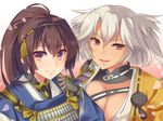  bad_id bad_pixiv_id black_gloves brown_eyes brown_hair cherry_blossoms chihiro4649 cosplay fang fangs gloves hair_ornament japanese_clothes kantai_collection kogitsunemaru kogitsunemaru_(cosplay) mikazuki_munechika mikazuki_munechika_(cosplay) multiple_girls musashi_(kantai_collection) no_eyewear ponytail purple_eyes sayagata smile touken_ranbu white_hair yamato_(kantai_collection) 