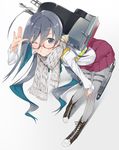  ahoge bespectacled boots front-seamed_legwear full_body glasses grey_eyes grey_hair grin hair_ribbon hand_on_own_knee hayashi_kewi kantai_collection kiyoshimo_(kantai_collection) long_hair long_sleeves looking_at_viewer low_twintails machinery one_eye_closed pantyhose ribbon salute scarf school_uniform seamed_legwear simple_background skirt smile solo twintails uniform very_long_hair white_background 