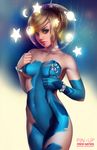  adapted_costume blonde_hair blue_eyes bodypaint bracelet breasts bubble cowboy_shot eyelashes flower head_tilt jewelry jonathan_hamilton lips long_hair looking_at_viewer medium_breasts metroid mobile navel nose nude painted_clothes pasties pinup ponytail realistic samus_aran solo standing string watermark web_address zero_suit 