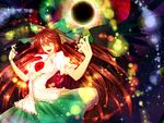  bad_id bad_pixiv_id black_sun bow brown_hair crazy_eyes eyes hair_bow homura_(aristocrat-y) long_hair open_clothes open_shirt red_eyes reiuji_utsuho shirt solo sun third_eye touhou 