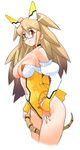  bare_shoulders breasts cleavage collar detached_sleeves diol_twee frills highres large_breasts leotard long_hair navel official_art otomedius red_eyes revealing_clothes simple_background solo yellow yellow_leotard yoshizaki_mine 