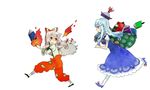  bad_id bad_pixiv_id bag book expressionless fire fujiwara_no_mokou hat high_heels kamishirasawa_keine looking_back multiple_girls nervous pantyhose running scroll shoes simple_background sunameri_oishii touhou 