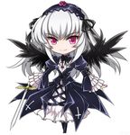  boots chibi dress hairband long_hair mtyy pink_eyes rozen_maiden silver_hair solo suigintou sword weapon wings 