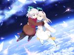  animal_ears antennae blonde_hair blue_eyes cat_ears cat_tail coat eila_ilmatar_juutilainen flying fox_ears fox_tail green_eyes highres hirschgeweih_antennas hug long_hair multiple_girls one_eye_closed open_mouth sanya_v_litvyak scarf short_hair silver_hair smile star strike_witches striker_unit tail tears tsuyuki_(yukitgraph) world_witches_series 