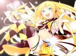  blonde_hair blue_eyes boots breasts cable cd collar haru_aki headphones highres lily_(vocaloid) long_hair medium_breasts microphone microphone_stand navel samfree_(&quot;night&quot;_songs) skirt smile solo thigh_boots thighhighs underboob vocaloid 