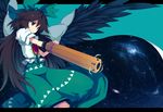  arm_cannon black_hair bow cape green_bow hair_bow letterboxed long_hair night pera purple_eyes reiuji_utsuho smile solo space star touhou universe weapon wings 
