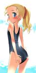  adjusting_clothes adjusting_swimsuit ass back bangs blonde_hair blush child embarrassed final_fantasy final_fantasy_v flat_chest hair_ribbon hima krile_mayer_baldesion long_hair looking_at_viewer looking_back one-piece_swimsuit parted_lips ponytail profile ribbon solo standing swimsuit wavy_hair 