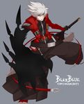  bad_id bad_pixiv_id belt black_pants blazblue copyright_name grey_background heterochromia left-handed male_focus pants ragna_the_bloodedge shirorenge_(huruhuru) solo sword weapon white_hair 