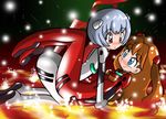  ayanami_rei blue_eyes blush bodysuit brown_hair grey_hair long_hair multiple_girls neon_genesis_evangelion plugsuit red_eyes short_hair smile souryuu_asuka_langley spark white_bodysuit yorunoko yuri 