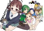  &gt;_&lt; :d ahoge akisame_zensen akizuki_ritsuko animal antenna_hair arm_up bad_id bad_pixiv_id barefoot blonde_hair blue_eyes blue_hair bow braid brown_eyes brown_hair closed_eyes dog feet frills futami_ami futami_mami ganaha_hibiki glasses green_eyes green_hair hair_bobbles hair_bow hair_ornament hairband headset hoshii_miki idolmaster idolmaster_(classic) kisaragi_chihaya kneehighs long_hair looking_back minase_iori miura_azusa mole mole_under_mouth multiple_girls open_mouth otonashi_kotori p-head_producer pink_eyes producer_(idolmaster) ribbon seiza shijou_takane short_hair siblings side_ponytail simple_background sitting skirt smile socks stuffed_animal stuffed_bunny stuffed_toy thighhighs toy twin_braids twins zettai_ryouiki 