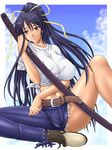  asymmetrical_clothes belt black_hair breasts cloud cutoffs day denim hair_ribbon jeans kanzaki_kaori katana large_breasts long_hair makoto_(mk10) midriff pants ponytail purple_eyes purple_hair ribbon single_pantsleg solo sword to_aru_majutsu_no_index weapon 