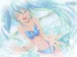  bad_id bad_pixiv_id bikini dutch_angle green_eyes green_hair hatsune_miku long_hair mayo_riyo one_eye_closed pale_color solo splashing striped striped_bikini swimsuit twintails vocaloid 