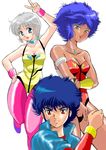  80s blue_eyes blue_hair dangaiou dark_skin green_eyes lambda_nom leotard multiple_girls oldschool pai_thunder pantyhose pink_legwear ranpu red_eyes red_leotard rol_kuran short_hair silver_hair yellow_leotard 