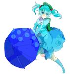  aqua_hair bad_id bad_pixiv_id blue_eyes boots dress hair_bobbles hair_ornament hat kawashiro_nitori key pocket solo tarako_supa touhou twintails umbrella 