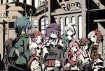  bad_pixiv_id bare_shoulders black_hair blue_hair building crossed_arms everyone from_behind fruit_punch long_hair multiple_boys multiple_girls original pink_eyes pink_hair purple_hair short_hair thighhighs white_hair zettai_ryouiki 