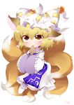  aburaage animal_ears bad_id bad_pixiv_id banned_artist blonde_hair chibi food fox_ears fox_tail hands_in_opposite_sleeves hat mouth_hold multiple_tails mushimaro short_hair solo tail touhou yakumo_ran yellow_eyes 