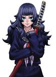  aqua_eyes blue_hair cozy highres katana long_hair object_hug original school_uniform serafuku sheath sheathed smile solo sword weapon 