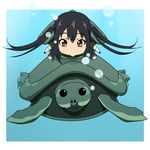  :&gt; bad_id bad_pixiv_id black_hair blush brown_eyes chibi k-on! nakano_azusa school_uniform shell solo swimming ton-chan turtle twintails underwater zucchini 