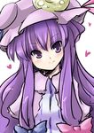  bow close-up coo hair_bow hat heart patchouli_knowledge purple_eyes purple_hair smile solo touhou tsurime upper_body 