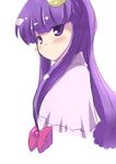  bangs blunt_bangs bow colored_eyelashes coo eyelashes hair_bow long_hair looking_back no_hat no_headwear patchouli_knowledge profile purple_eyes purple_hair solo staring touhou upper_body 